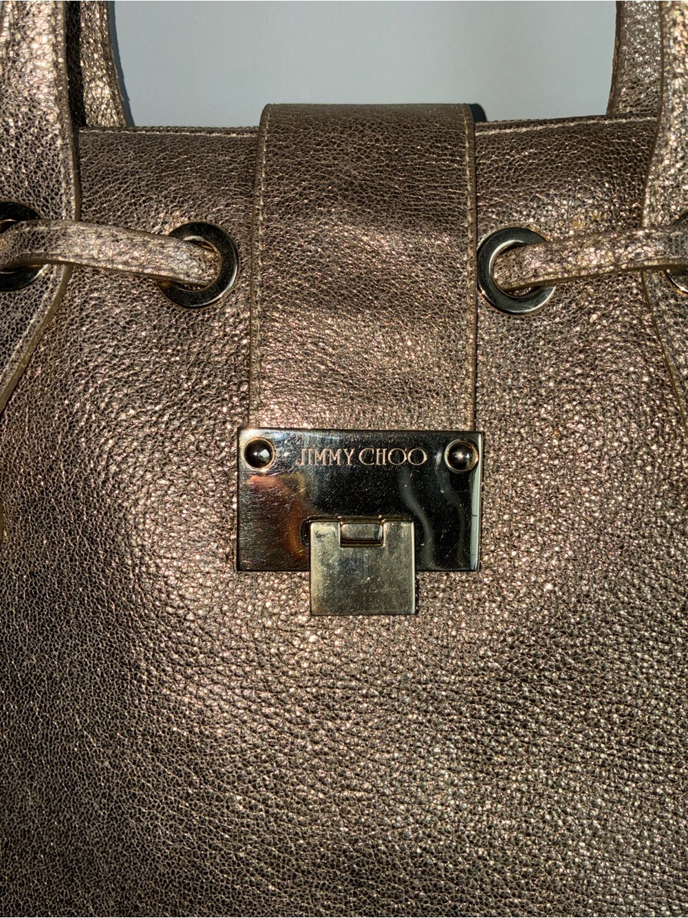Jimmy Choo Metallic Shoulder Bag — Drawstring & Zip, Silver Hardware, Logo - Picture 2 of 13